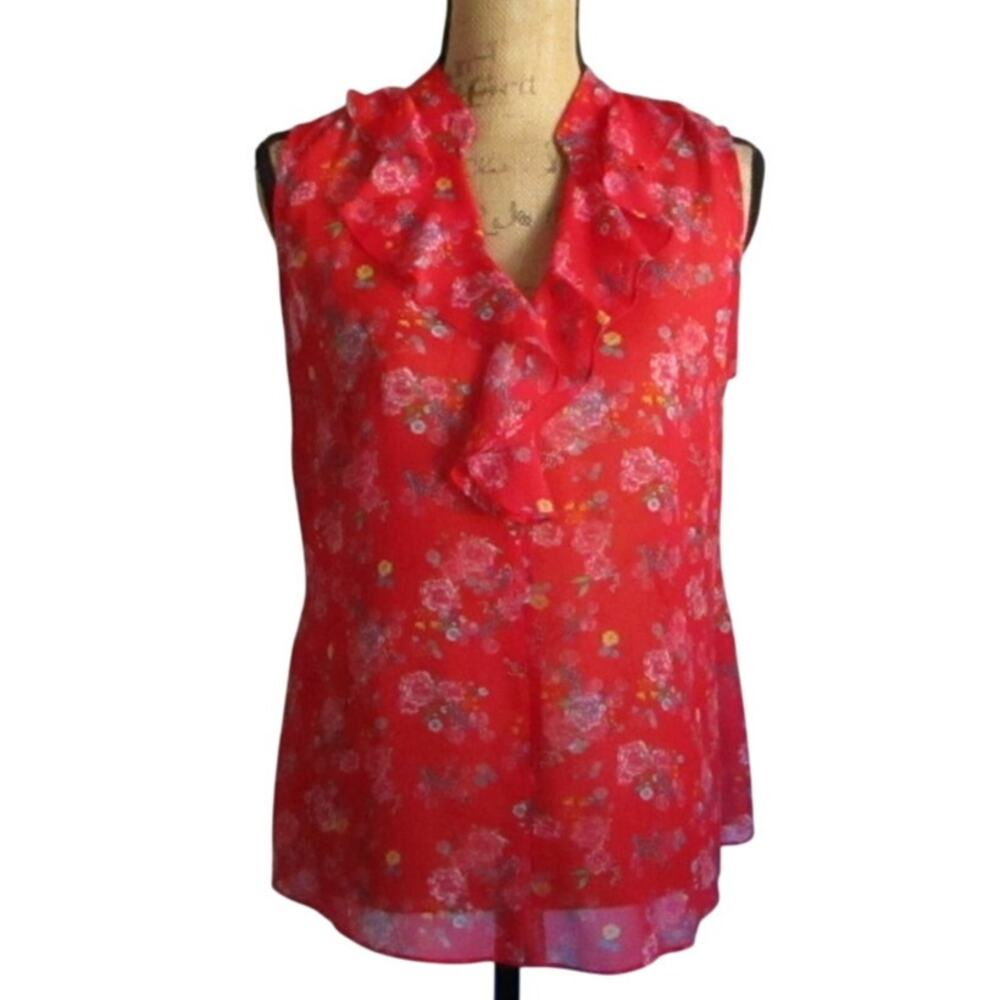 cAbi Crush Floral Ruffle Sleeveless Blouse Red Sheer Top Size S - Picture 17 of 17